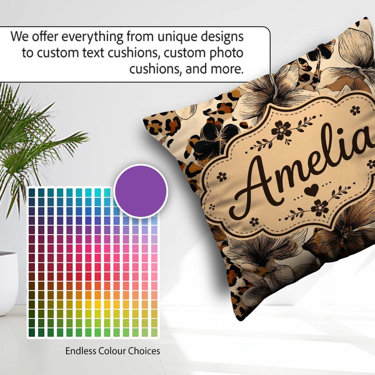 Custom Name Elegant Neutral Floral Leopard Print with Hand Drawn Square Filled Cushion Throw Pillow Sofa Bed Home Decor Zip Washable UK Made