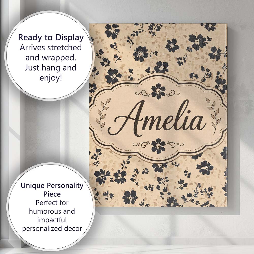 Personalised Name Ditsy Black Floral on Custom Modern Room Accent Elegant Feature Canvas Wall Art Print Decor Picture Ready to Hang