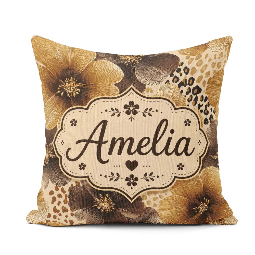 Custom Name Warm Gold Brown Floral with Abstract Leopard Textile Square Filled Cushion Throw Pillow Sofa Bed Home Decor Zip Washable UK Made