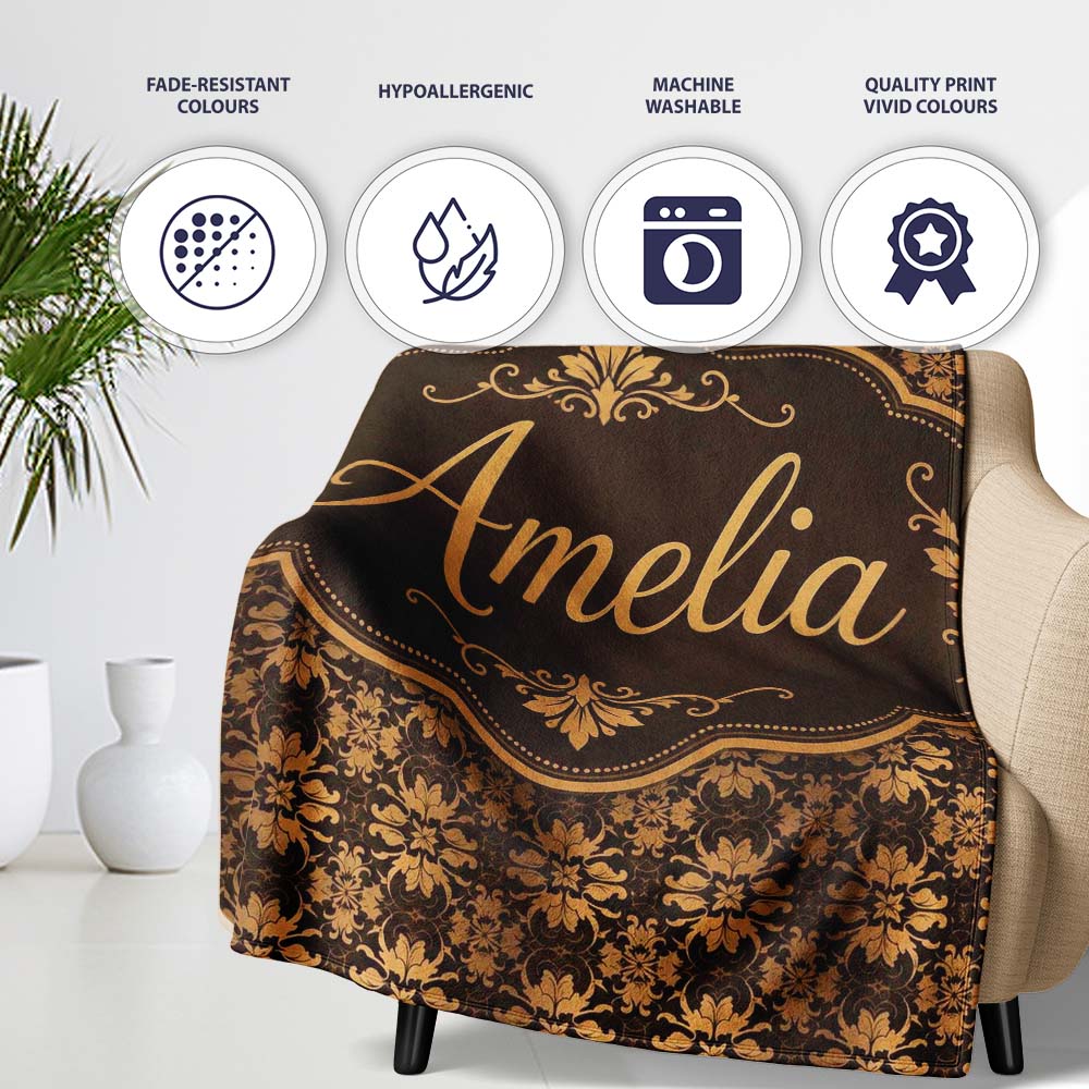 Classic Vintage Damask Pattern in Rich Brown and Gold Ornamental Personalised Custom Name Super Soft Fleece Blanket Bed Sofa Throw