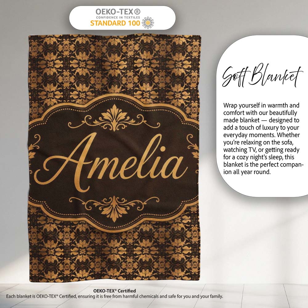 Classic Vintage Damask Pattern in Rich Brown and Gold Ornamental Personalised Custom Name Super Soft Fleece Blanket Bed Sofa Throw