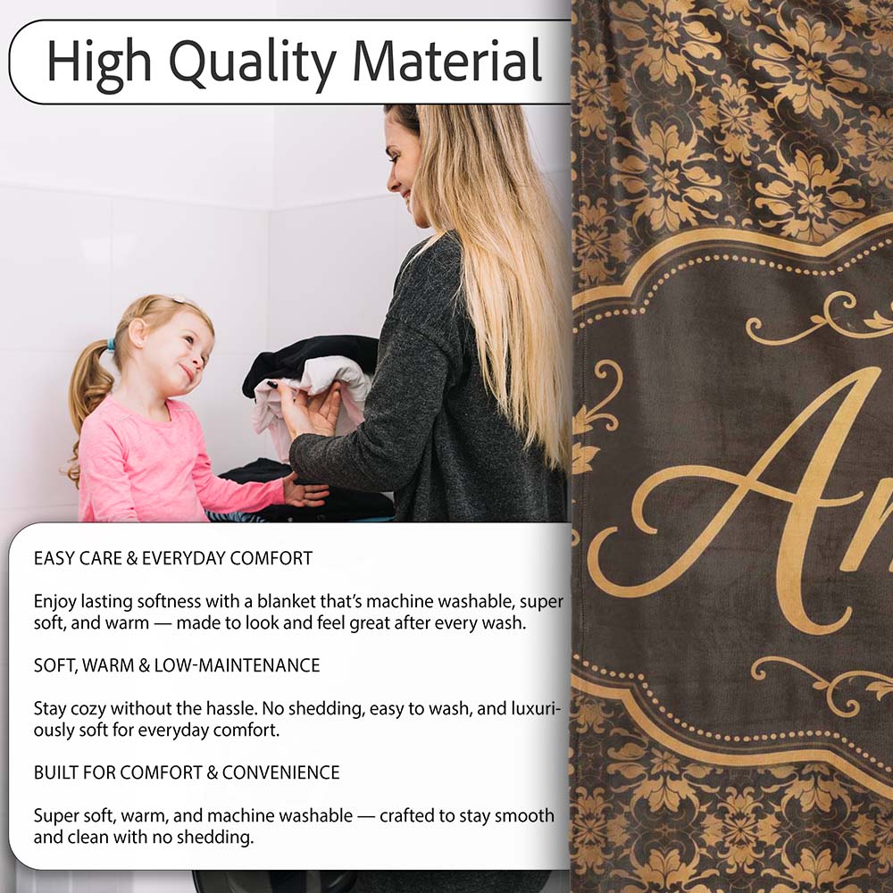 Classic Vintage Damask Pattern in Rich Brown and Gold Ornamental Personalised Custom Name Super Soft Fleece Blanket Bed Sofa Throw