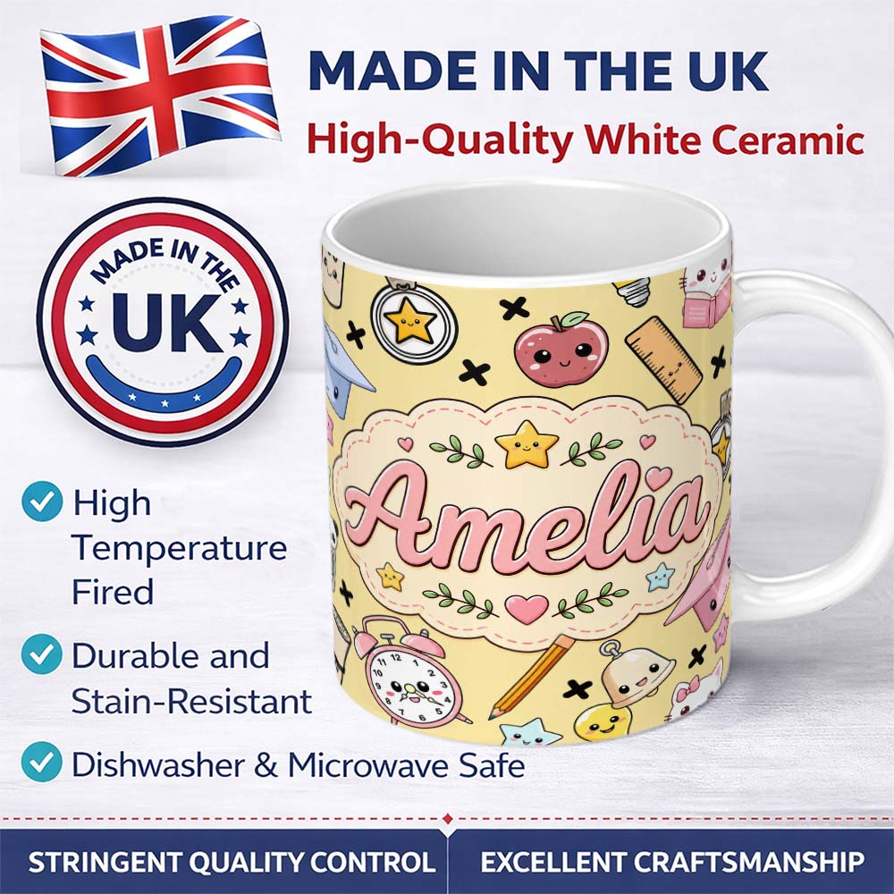 Personalized Custom Name Cute Kawaii School Cat Books Apple Clock Supplies Pattern Yellow 11oz Ceramic Coffee Tea Mug White Large Handle