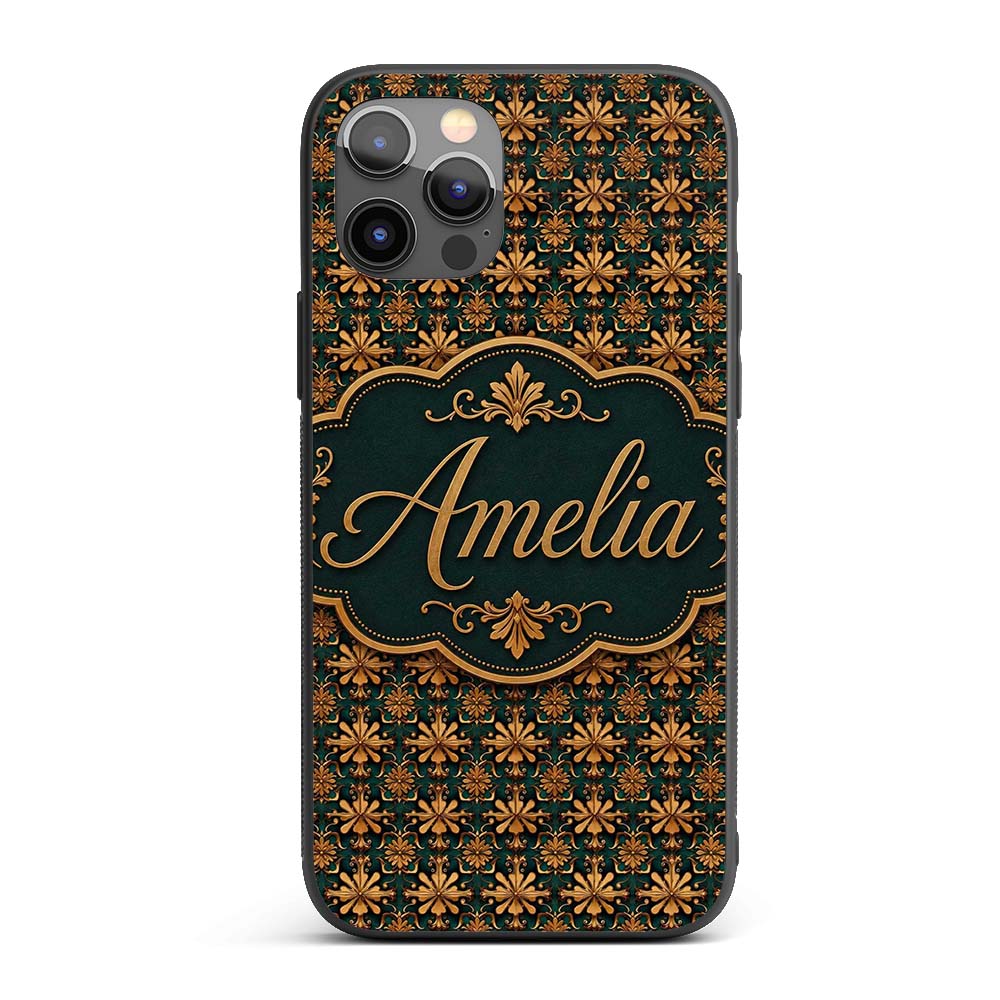 Luxury Ornate Baroque Floral Tile Pattern in Gold Custom Name Protective Phone Case Mobile Cover Durable Everyday Smartphone Shock Resistant