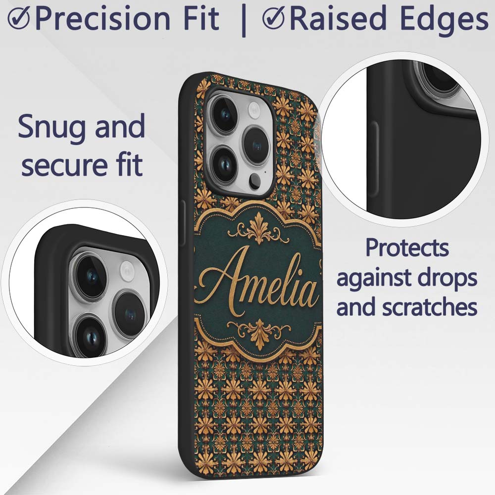 Luxury Ornate Baroque Floral Tile Pattern in Gold Custom Name Protective Phone Case Mobile Cover Durable Everyday Smartphone Shock Resistant