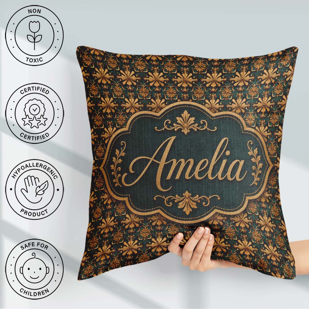 Custom Name Luxury Ornate Baroque Floral Tile Pattern in Gold on Square Filled Cushion Throw Pillow Sofa Bed Home Decor Zip Washable UK Made