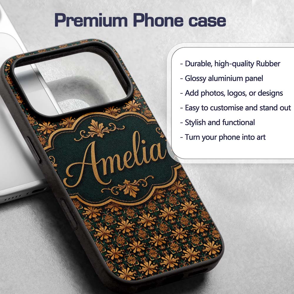 Luxury Ornate Baroque Floral Tile Pattern in Gold Custom Name Protective Phone Case Mobile Cover Durable Everyday Smartphone Shock Resistant