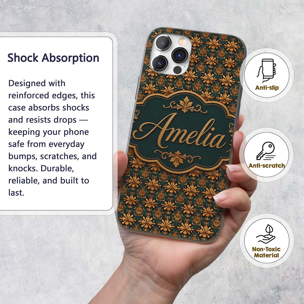 Luxury Ornate Baroque Floral Tile Pattern in Gold Custom Name Protective Phone Case Mobile Cover Durable Everyday Smartphone Shock Resistant