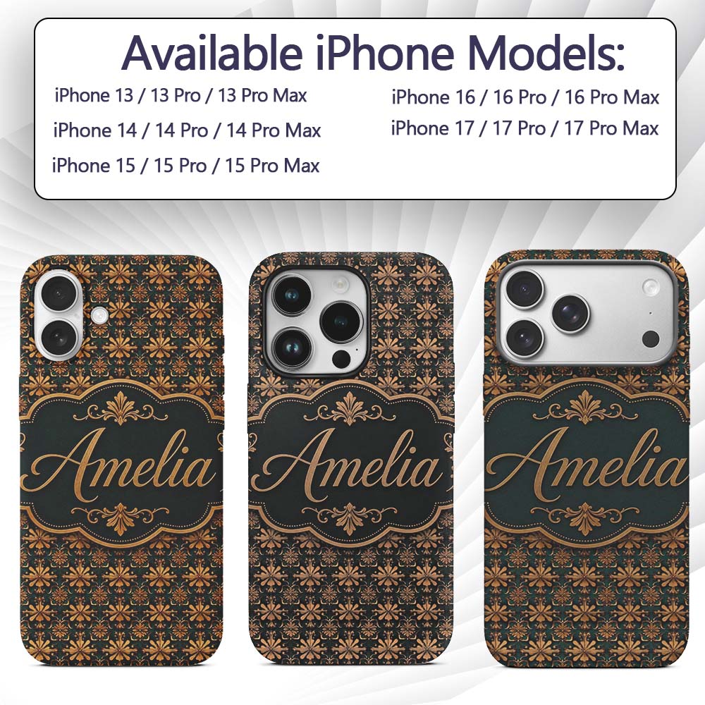 Luxury Ornate Baroque Floral Tile Pattern in Gold Custom Name Protective Phone Case Mobile Cover Durable Everyday Smartphone Shock Resistant