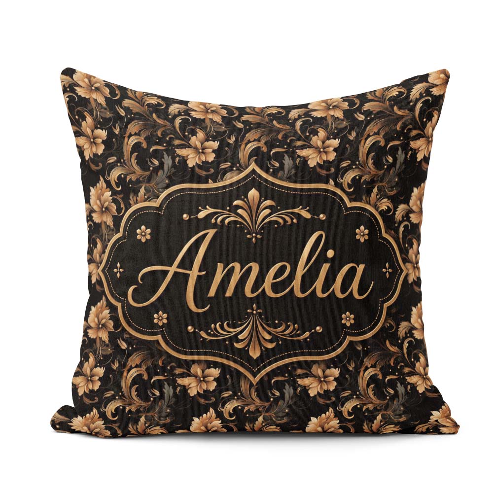 Custom Name Elegant Gold Vine on Black Background with Intricate Square Filled Cushion Throw Pillow Sofa Bed Home Decor Zip Washable UK Made