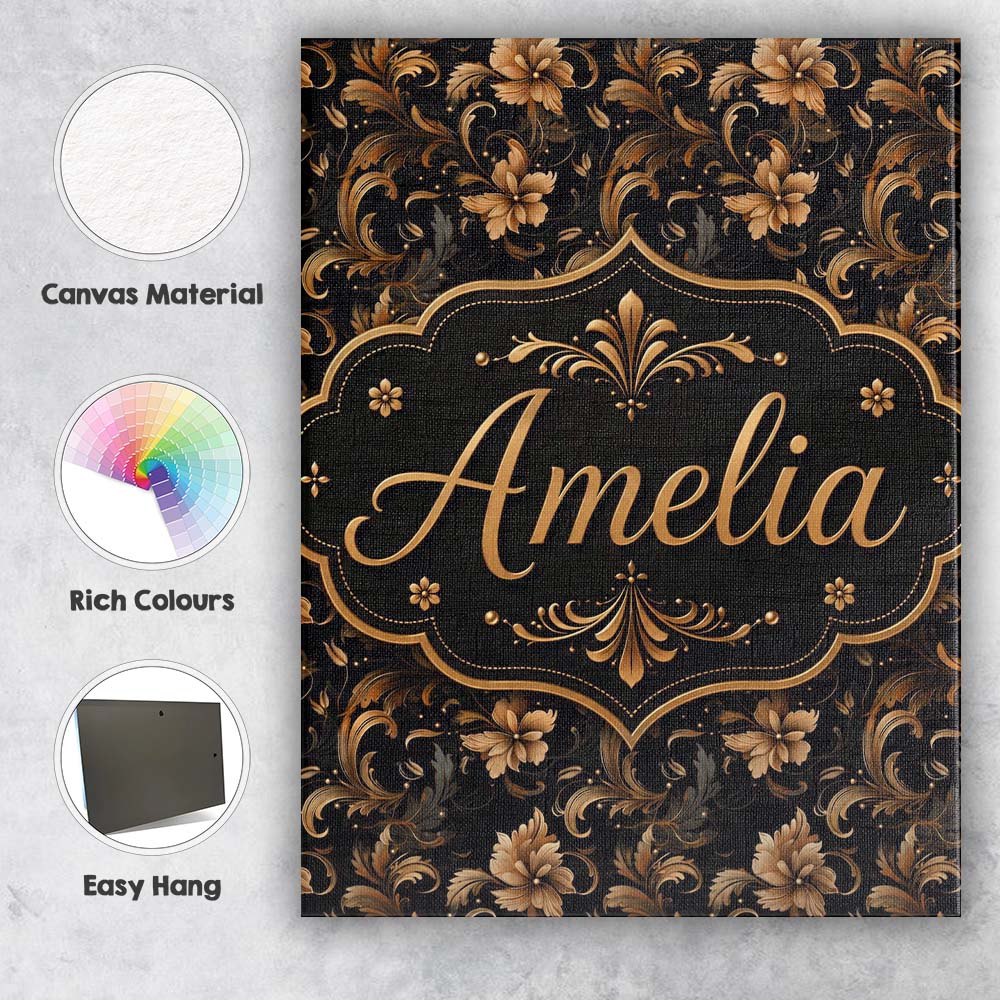 Personalised Name Elegant Gold Floral Vine Custom Bespoke Contemporary Statement Canvas Wall Art Print Decor Picture Ready to Hang