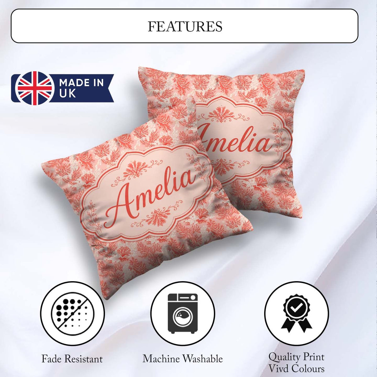 Custom Name Coral Reef Floral in Soft Pink and Red Tones Textile Square Filled Cushion Throw Pillow Sofa Bed Home Decor Zip Washable UK Made