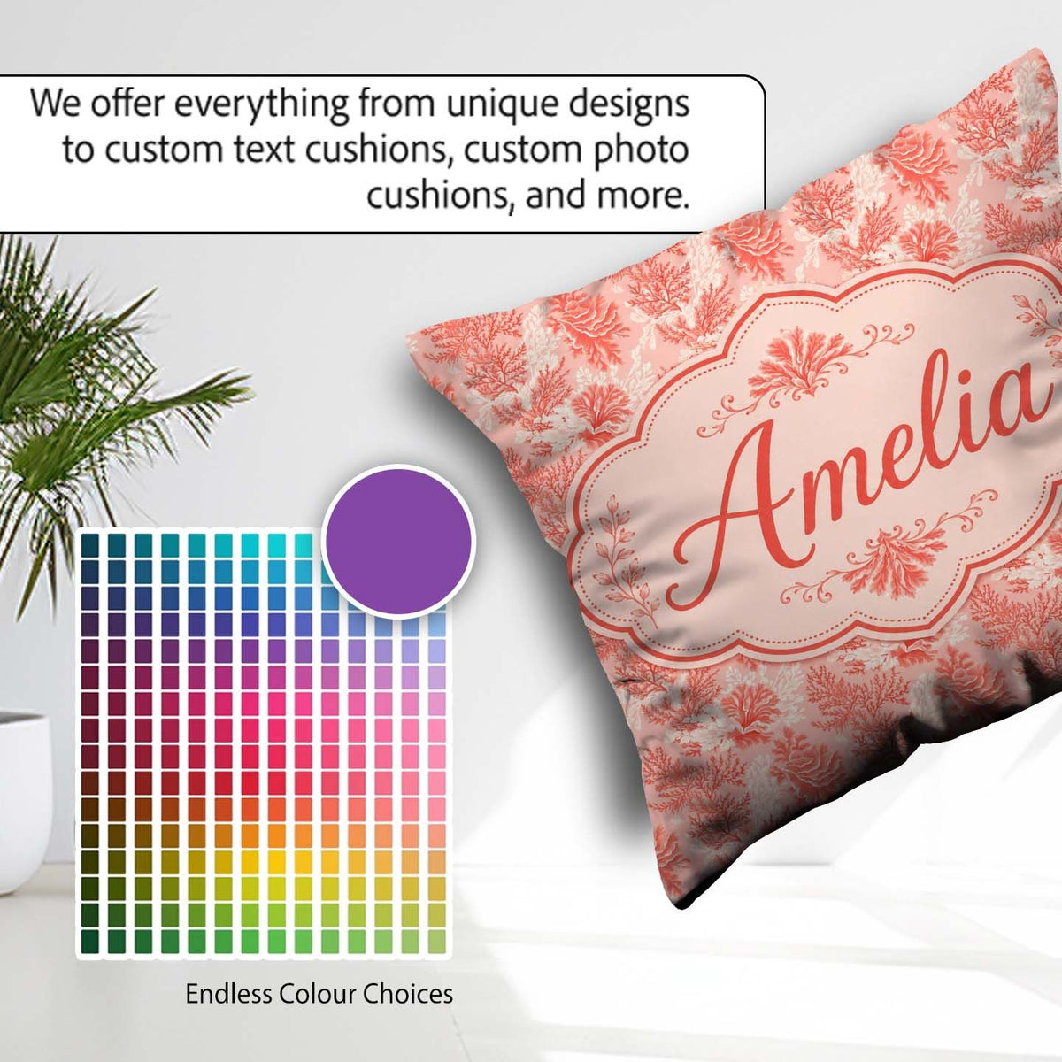 Custom Name Coral Reef Floral in Soft Pink and Red Tones Textile Square Filled Cushion Throw Pillow Sofa Bed Home Decor Zip Washable UK Made