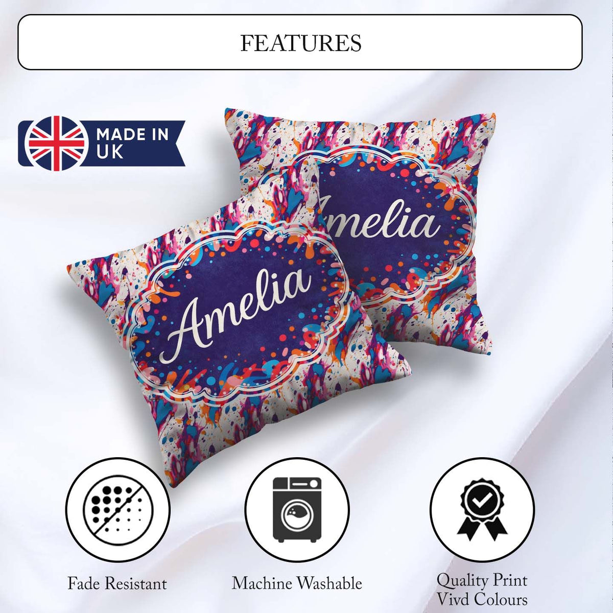 Custom Name Dynamic Paint Splatter White Abstract Pattern Lovely Square Filled Cushion Throw Pillow Sofa Bed Home Decor Zip Washable UK Made