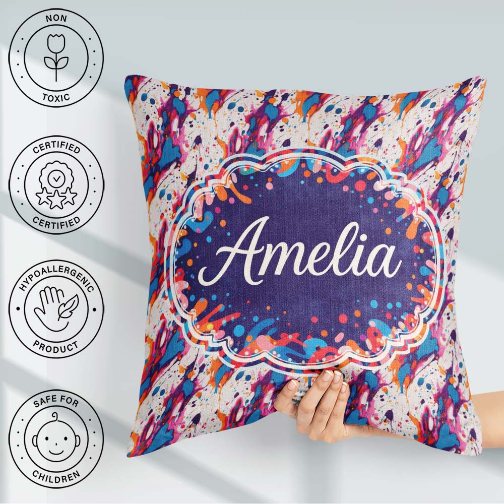 Custom Name Dynamic Paint Splatter White Abstract Pattern Lovely Square Filled Cushion Throw Pillow Sofa Bed Home Decor Zip Washable UK Made