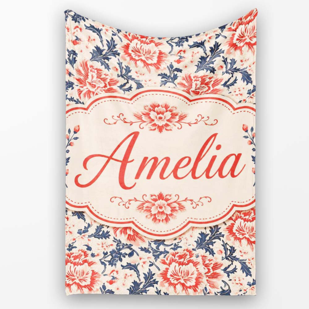 Classic Red Floral Botanical Navy Blue Leaves on Beige Background Personalised Custom Name Super Soft Fleece Blanket Bed Sofa Throw