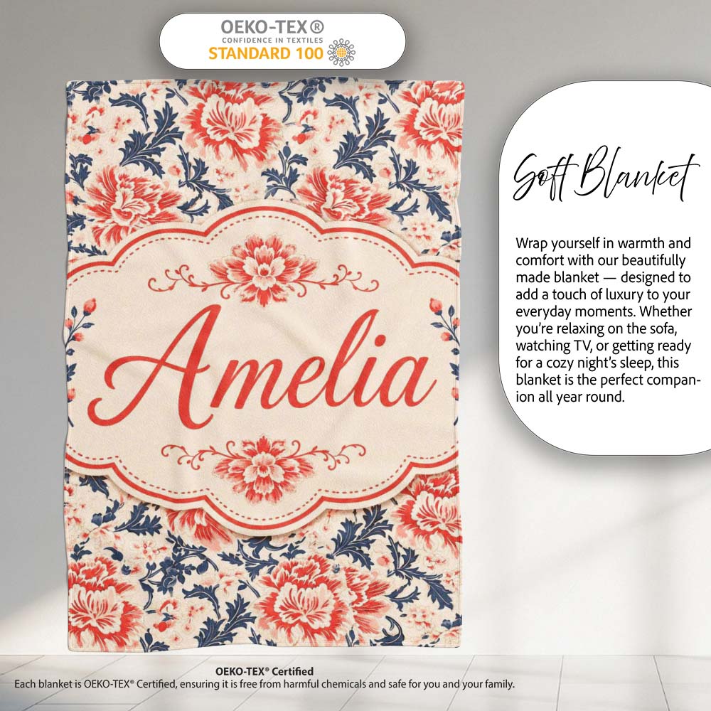 Classic Red Floral Botanical Navy Blue Leaves on Beige Background Personalised Custom Name Super Soft Fleece Blanket Bed Sofa Throw
