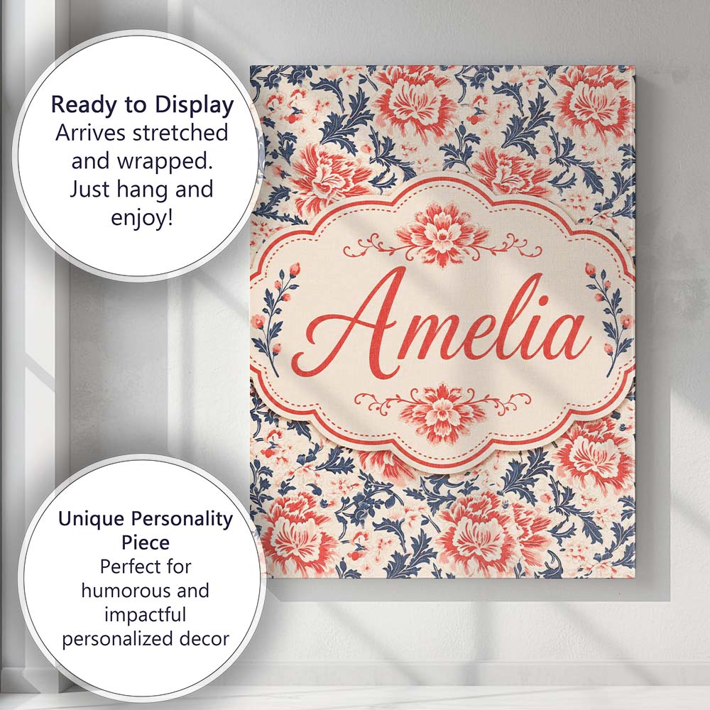 Personalised Name Classic Red Floral Custom Premium Decorative Design Modern Room Accent Canvas Wall Art Print Decor Picture Ready to Hang