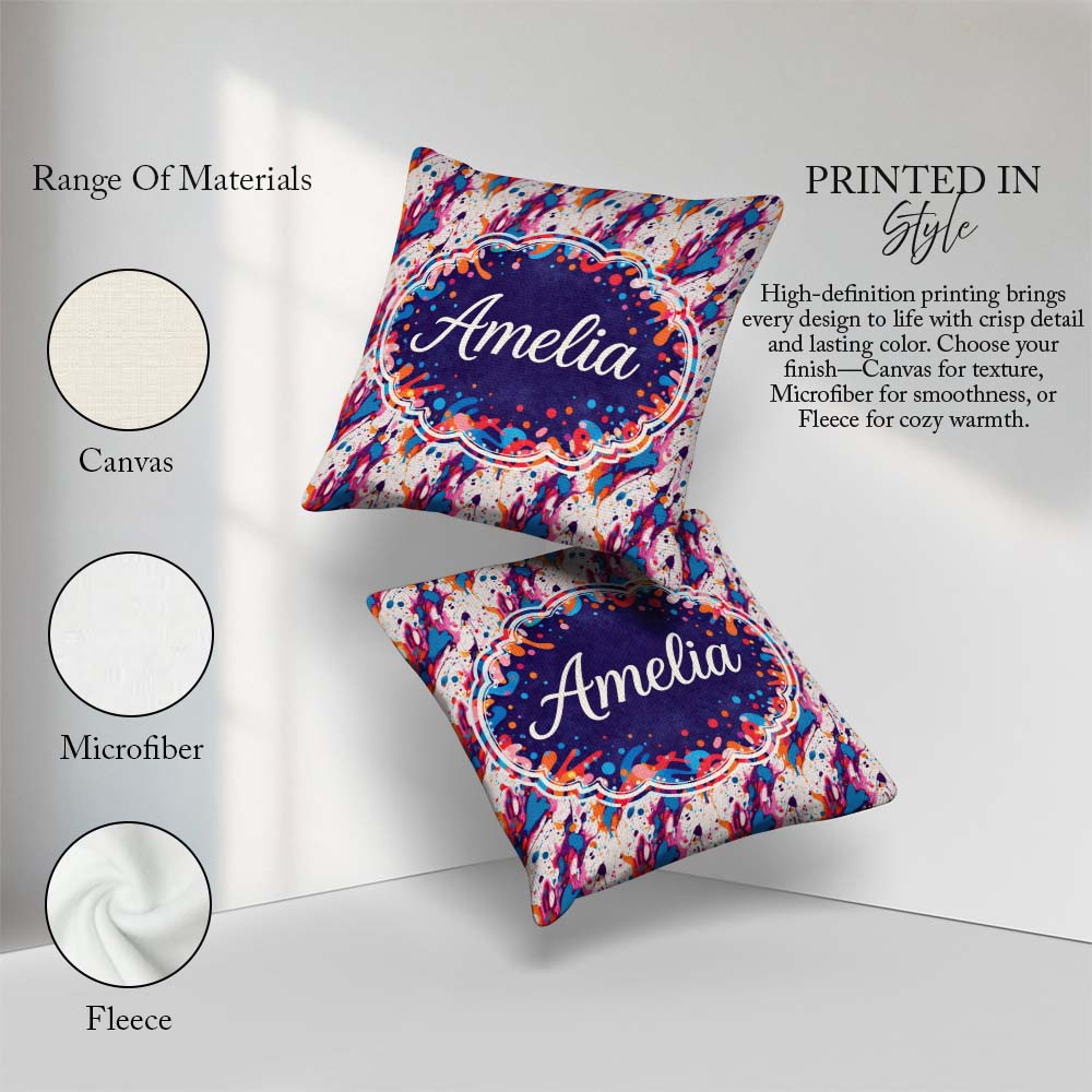 Custom Name Dynamic Paint Splatter White Abstract Pattern Lovely Square Filled Cushion Throw Pillow Sofa Bed Home Decor Zip Washable UK Made