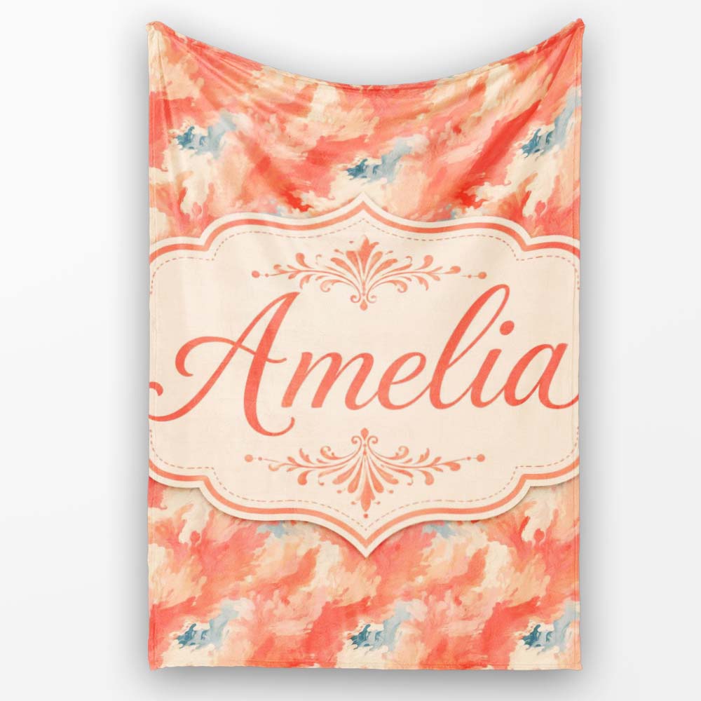 Abstract Coral and Cream Fluid Art Seamless Pattern with Soft Blue Personalised Custom Name Super Soft Fleece Blanket Bed Sofa Throw