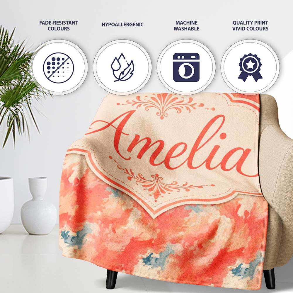 Abstract Coral and Cream Fluid Art Seamless Pattern with Soft Blue Personalised Custom Name Super Soft Fleece Blanket Bed Sofa Throw
