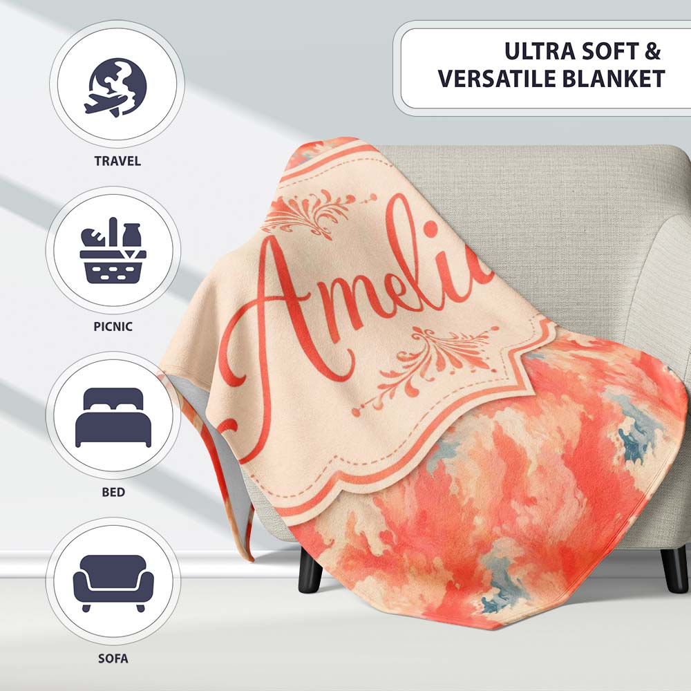 Abstract Coral and Cream Fluid Art Seamless Pattern with Soft Blue Personalised Custom Name Super Soft Fleece Blanket Bed Sofa Throw