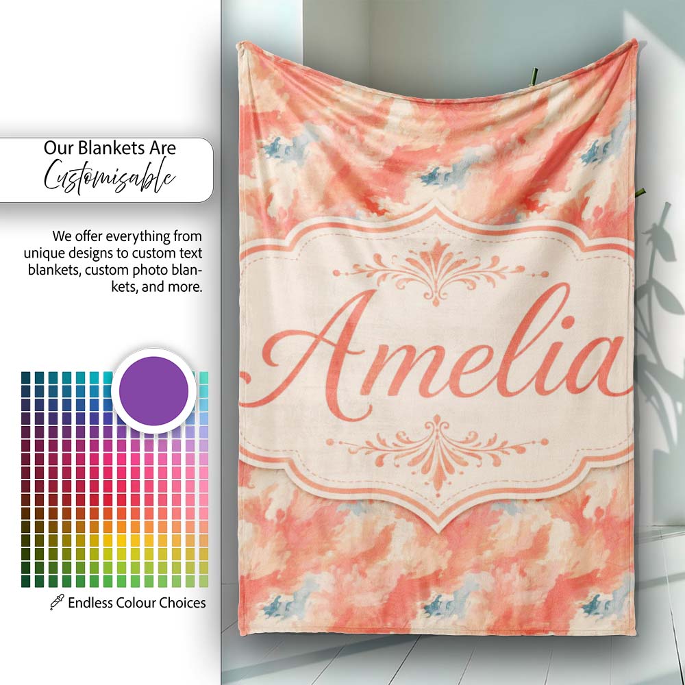 Abstract Coral and Cream Fluid Art Seamless Pattern with Soft Blue Personalised Custom Name Super Soft Fleece Blanket Bed Sofa Throw