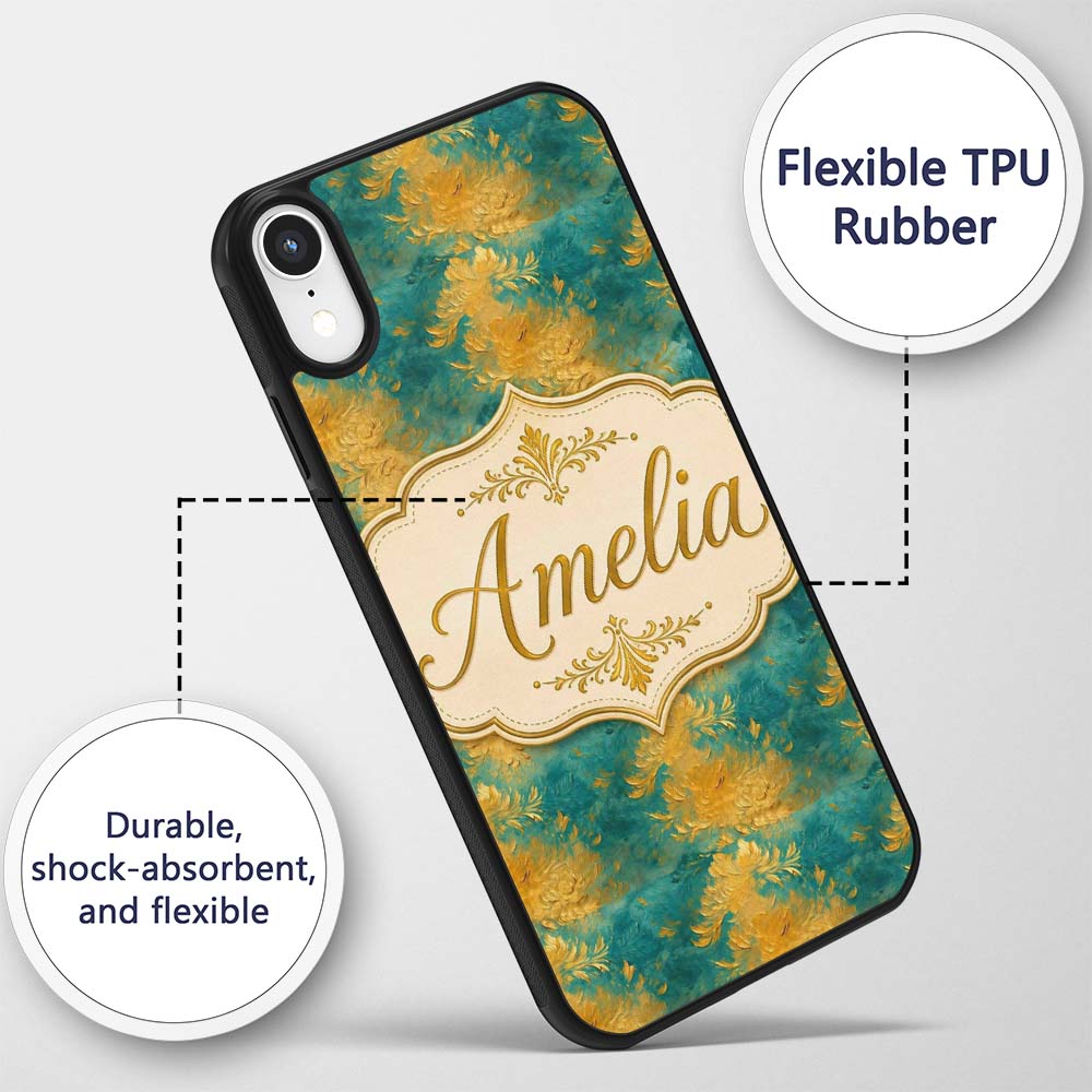 Teal and Gold Abstract Floral Swirl Seamless Custom Name Protective Phone Case Mobile Cover Durable Everyday Smartphone Shock Resistant
