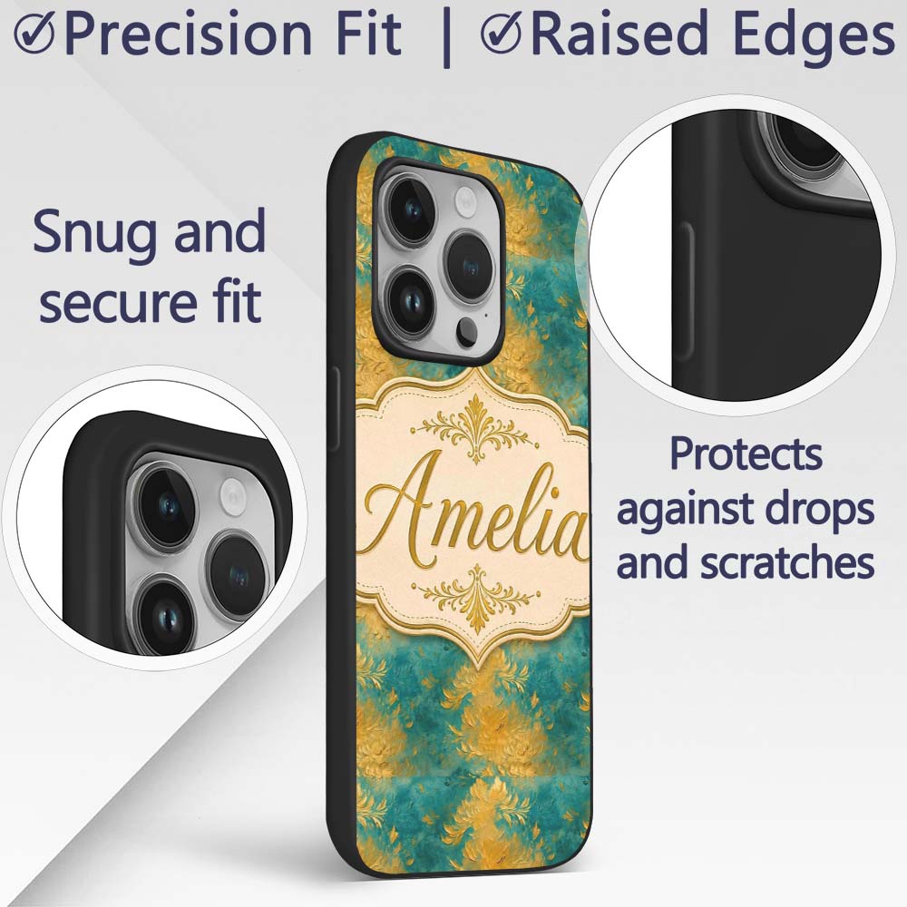 Teal and Gold Abstract Floral Swirl Seamless Custom Name Protective Phone Case Mobile Cover Durable Everyday Smartphone Shock Resistant