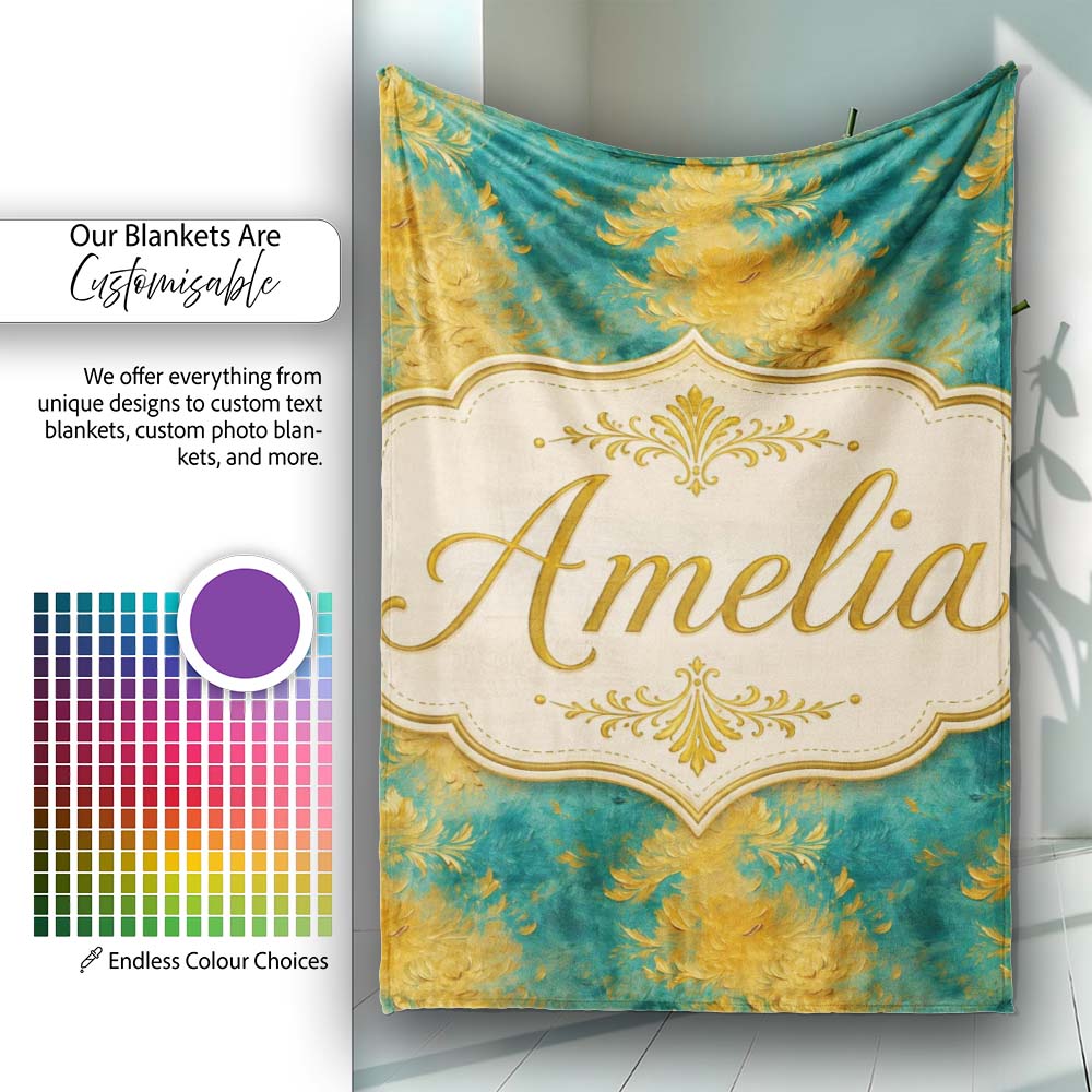 Teal and Gold Abstract Floral Swirl Seamless Pattern with Painterly Personalised Custom Name Super Soft Fleece Blanket Bed Sofa Throw