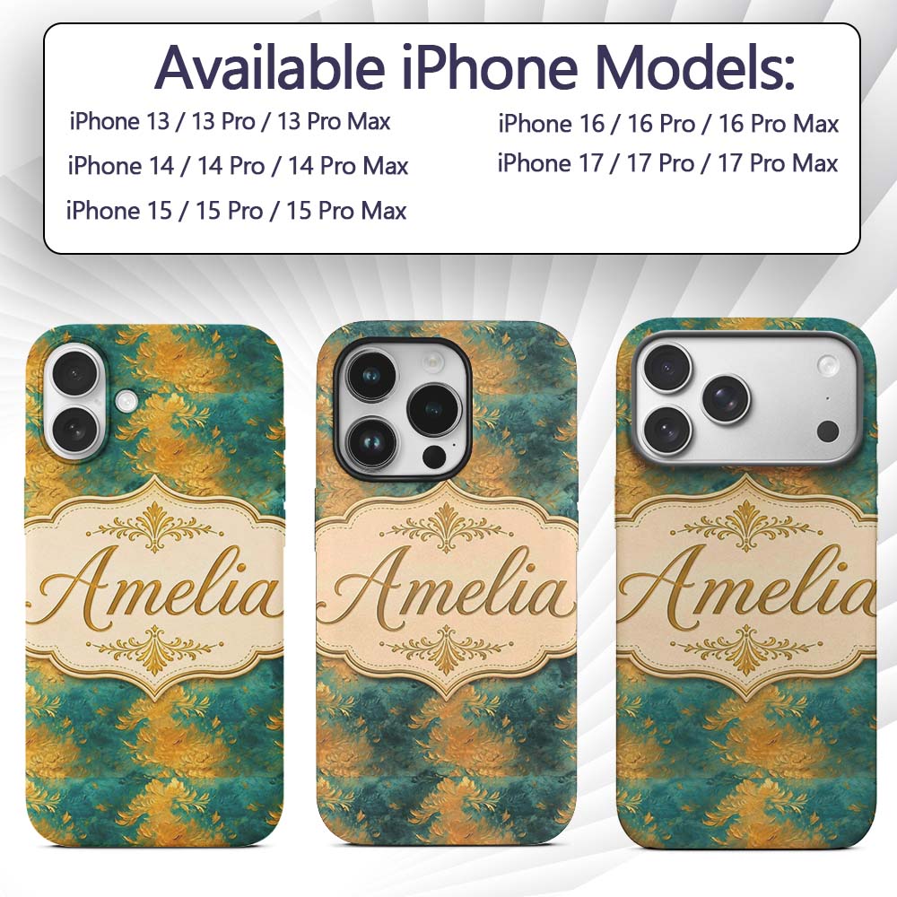 Teal and Gold Abstract Floral Swirl Seamless Custom Name Protective Phone Case Mobile Cover Durable Everyday Smartphone Shock Resistant
