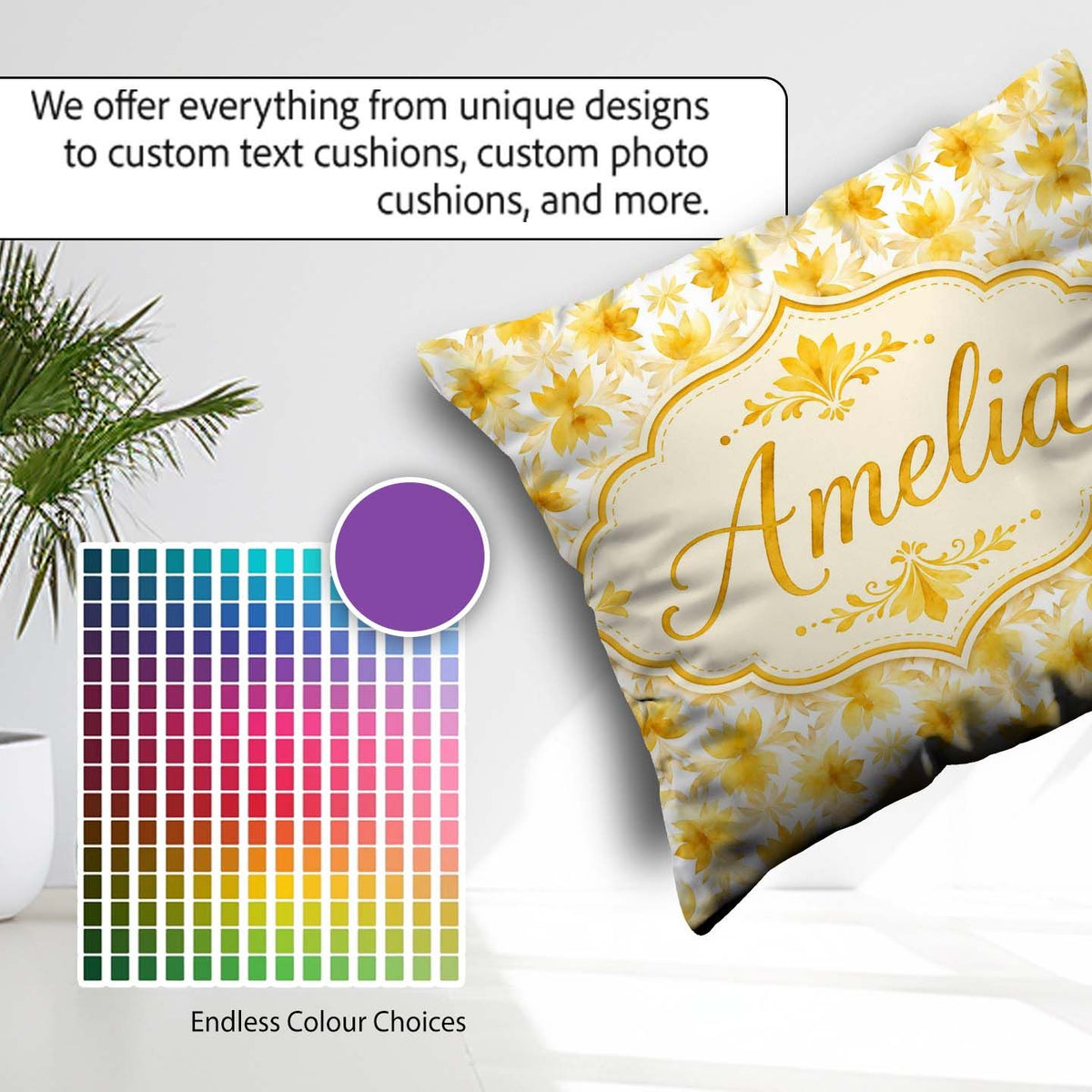 Custom Name Soft Watercolour Yellow Floral Repeat on Light Cream Square Filled Cushion Throw Pillow Sofa Bed Home Decor Zip Washable UK Made