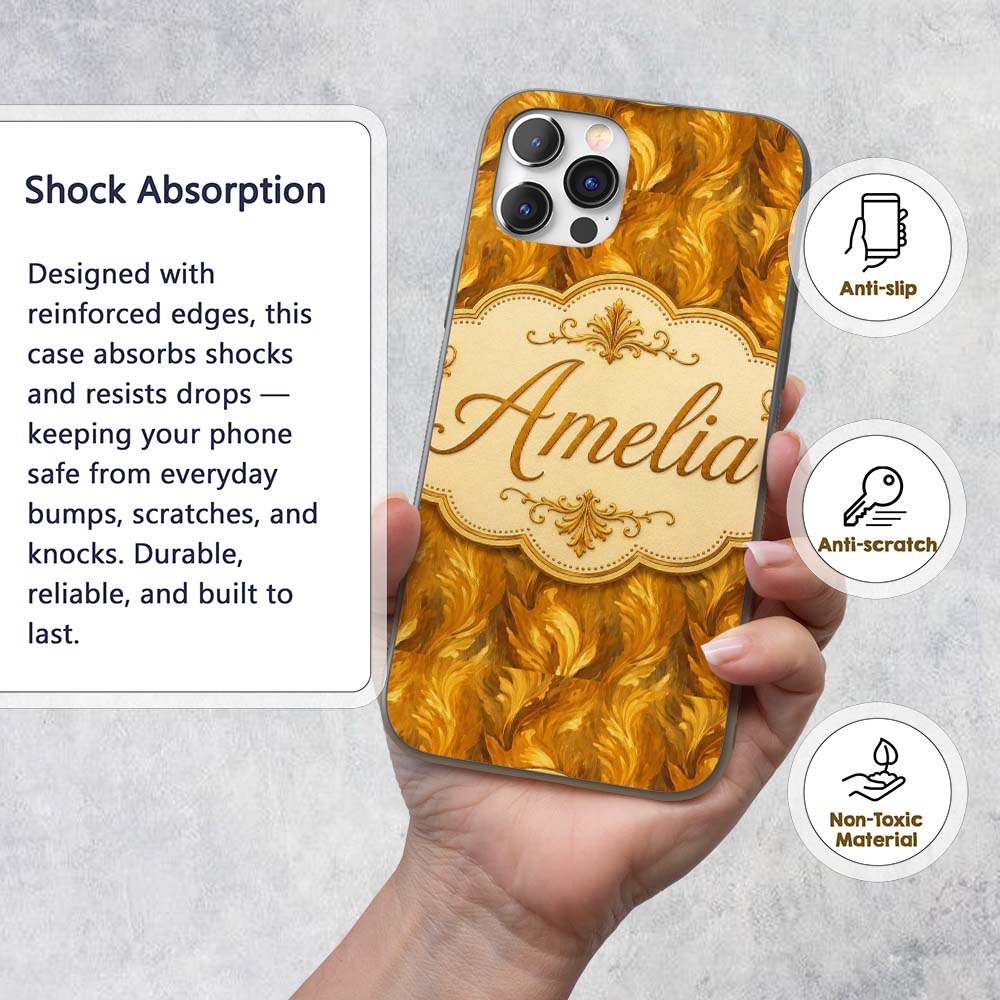 Rich Golden Leaf Botanical Seamless Pattern with Custom Name Protective Phone Case Mobile Cover Durable Everyday Smartphone Shock Resistant