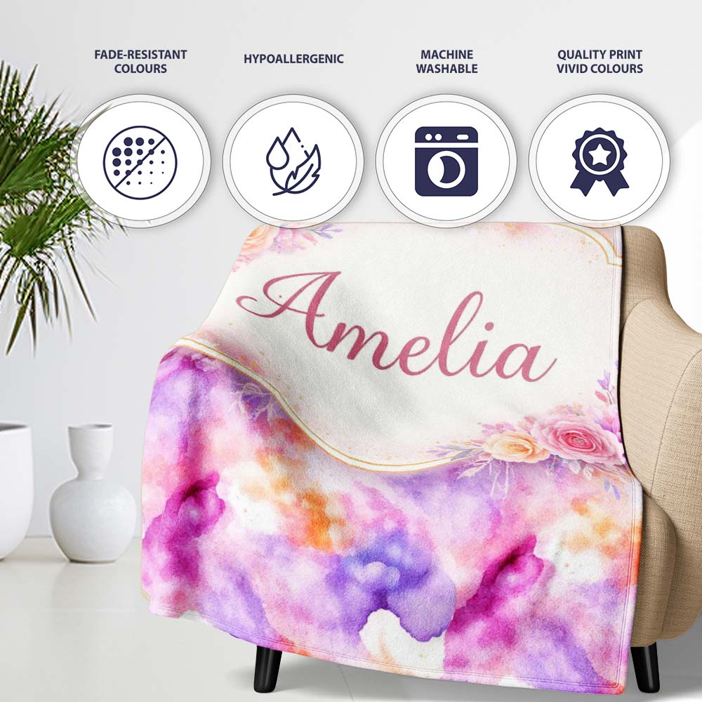 Soft Watercolour Splash Lavender Peach Abstract Pattern Lovely Personalised Custom Name Super Soft Fleece Blanket Bed Sofa Throw