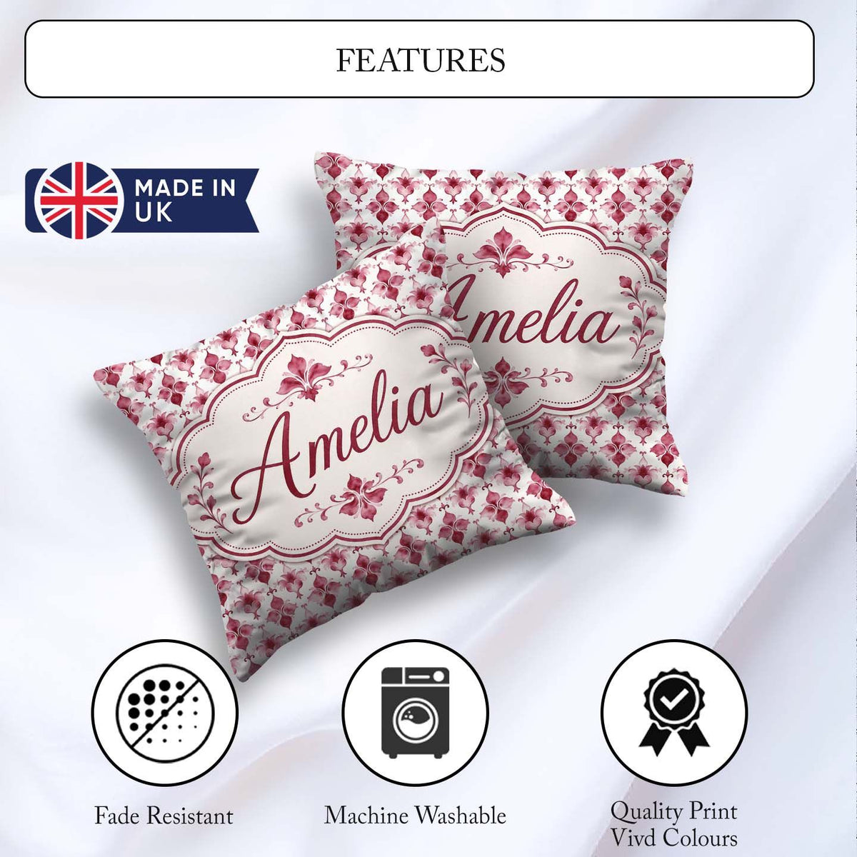 Custom Name Watercolour Damask Motif on Light Background Elegant Square Filled Cushion Throw Pillow Sofa Bed Home Decor Zip Washable UK Made