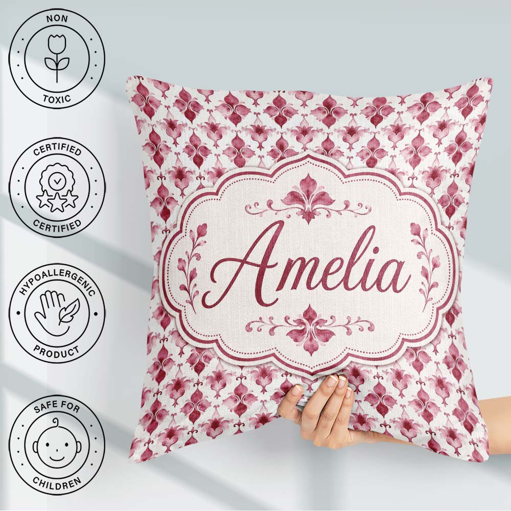 Custom Name Watercolour Damask Motif on Light Background Elegant Square Filled Cushion Throw Pillow Sofa Bed Home Decor Zip Washable UK Made