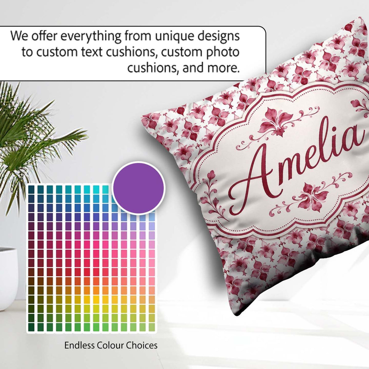 Custom Name Watercolour Damask Motif on Light Background Elegant Square Filled Cushion Throw Pillow Sofa Bed Home Decor Zip Washable UK Made