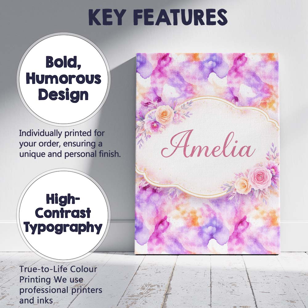 Personalised Name Soft Watercolour Splash Lavender Peach Abstract Custom Bespoke Canvas Wall Art Print Decor Picture Ready to Hang