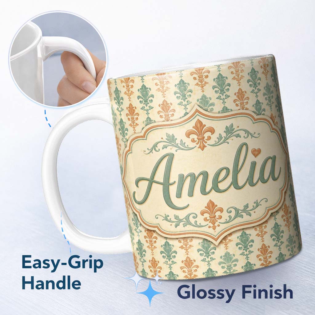 Personalized Custom Name Distressed Blue Fleur de Lis Pattern on Aged Textured Background 11oz Ceramic Coffee Tea Mug White Large Handle