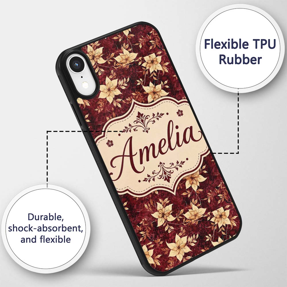 Rich Deep Red Floral with Cream Blossoms and Custom Name Protective Phone Case Mobile Cover Durable Everyday Smartphone Shock Resistant