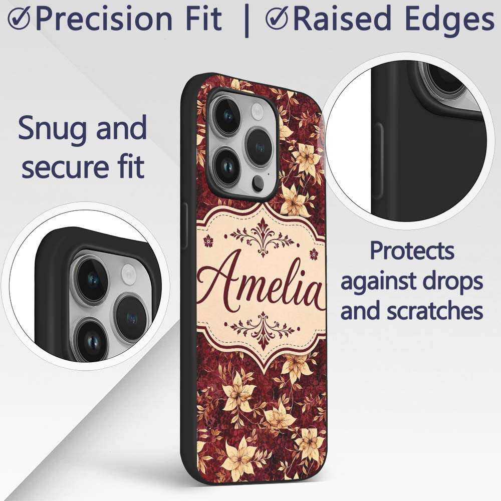 Rich Deep Red Floral with Cream Blossoms and Custom Name Protective Phone Case Mobile Cover Durable Everyday Smartphone Shock Resistant