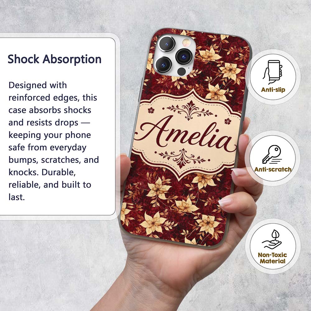 Rich Deep Red Floral with Cream Blossoms and Custom Name Protective Phone Case Mobile Cover Durable Everyday Smartphone Shock Resistant