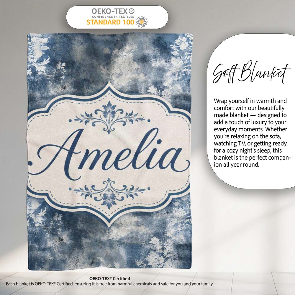 Vintage Blue Watercolour Floral Toile Seamless Pattern with Lovely Personalised Custom Name Super Soft Fleece Blanket Bed Sofa Throw