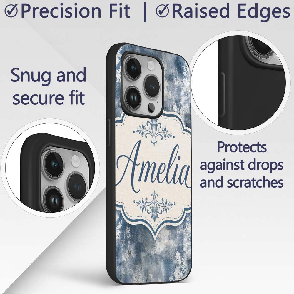 Vintage Blue Watercolour Floral Toile Seamless Custom Name Protective Phone Case Mobile Cover Durable Everyday Smartphone Shock Resistant