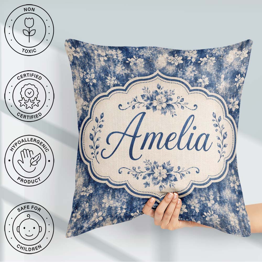 Custom Name Indigo Blue Abstract Floral Splash with Watercolour Square Filled Cushion Throw Pillow Sofa Bed Home Decor Zip Washable UK Made