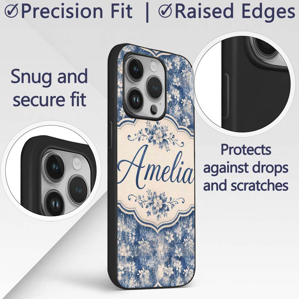 Indigo Blue Abstract Floral Splash Seamless with Custom Name Protective Phone Case Mobile Cover Durable Everyday Smartphone Shock Resistant