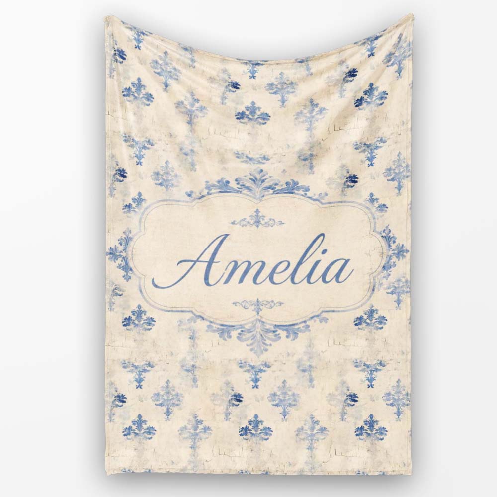 Classic French Blue Damask Motif Repeat Pattern on Aged Beige Lovely Personalised Custom Name Super Soft Fleece Blanket Bed Sofa Throw