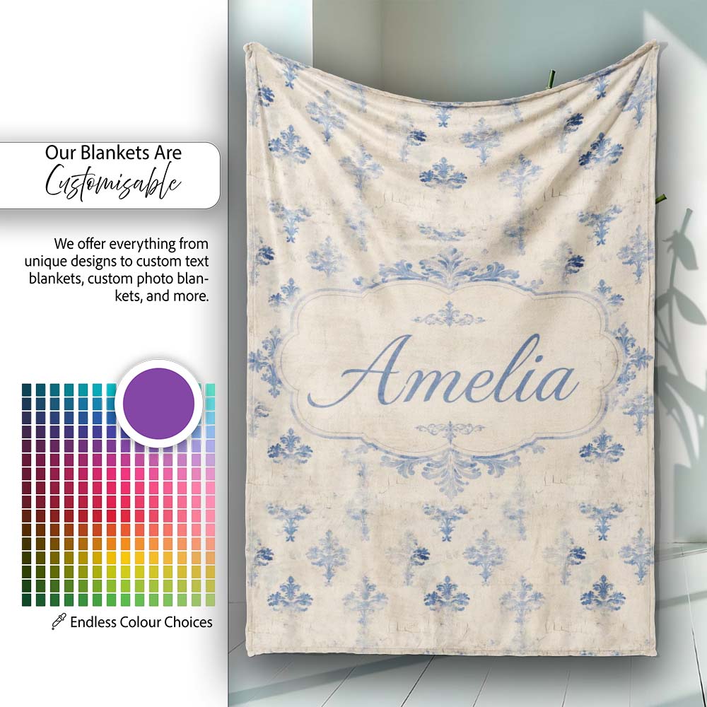Classic French Blue Damask Motif Repeat Pattern on Aged Beige Lovely Personalised Custom Name Super Soft Fleece Blanket Bed Sofa Throw