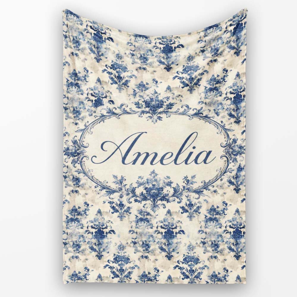 Elegant Blue Vintage Floral Damask on Textured Neutral Background Personalised Custom Name Super Soft Fleece Blanket Bed Sofa Throw