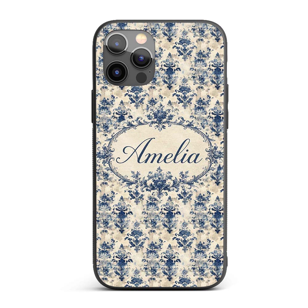 Elegant Blue Vintage Floral Damask on Textured Custom Name Protective Phone Case Mobile Cover Durable Everyday Smartphone Shock Resistant